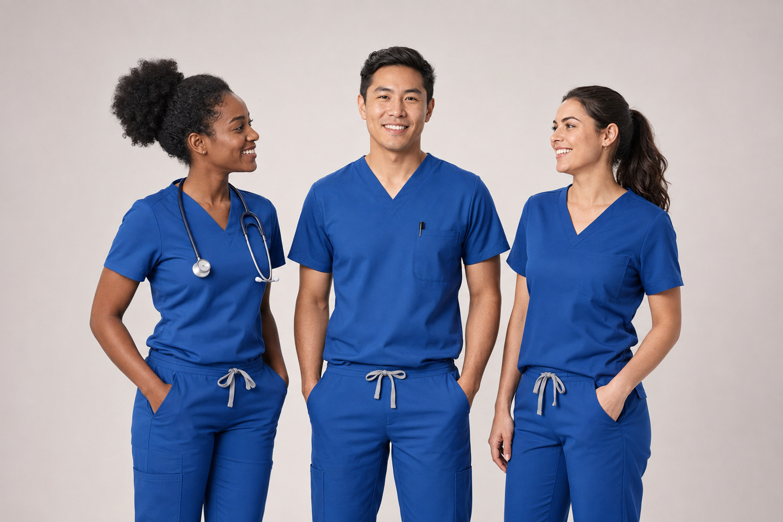 Healthcare professionals wearing blue scrubs